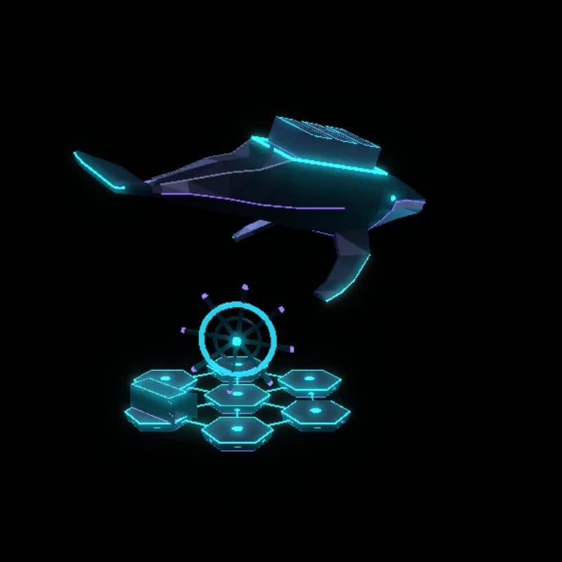 A low-poly whale carrying three containers swims above a glowing hexagonal cluster with a ship's wheel.